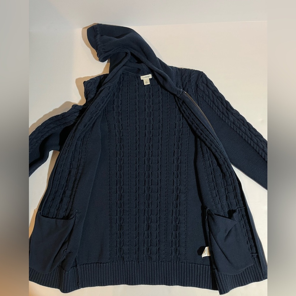 LL Bean Sweater Womens Large Cardigan Cable Knit Hooded Chunky Full Zip 298837 - Picture 4 of 9